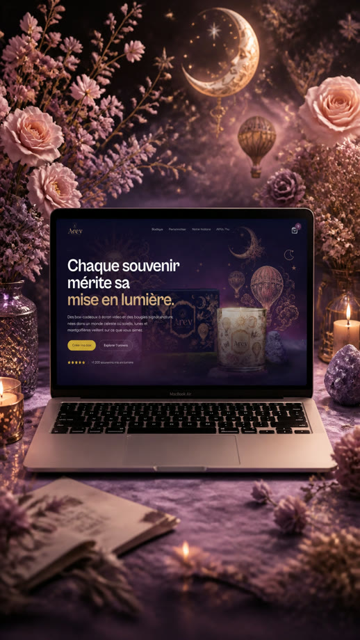 Boutique en ligne de box et bougies, présentée sur ordinateur portable.