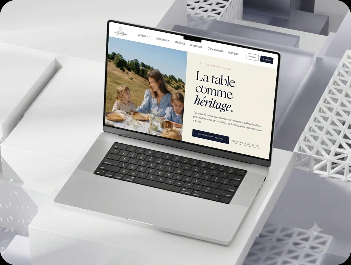 Site d'une créatrice de céramique vibratoire, présenté sur ordinateur portable.
